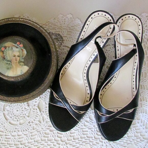 ELLE SHOES, 9, BLACK SLINGBACK PLATFORM HEELS w DAINTY TAN TRIM CLASSIC & LOVELY - Picture 3 of 8